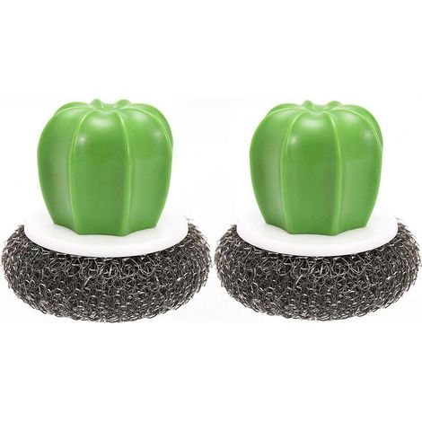 2pcs pinceaux de Cuisine en Forme de Cactus créatifs, Cactus Pot Fil éponge Boule Plat Brosse de Lavage en Acier Inoxydable récureurs Brosse de Nettoyage avec poignée en Plastique Noir