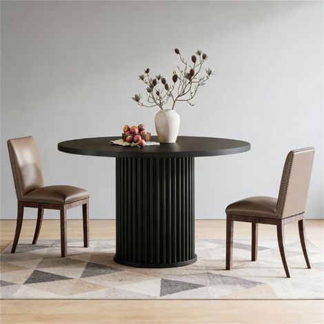 Table de salle à manger ronde de 120 cm, en bois avec piètement métallique rainuré stable. (1/5)