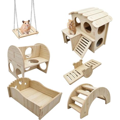 Lot de 6 maisons en bois pour hamster, cochon d'Inde, gerbille, hamster nain, chinchilla (1/5)