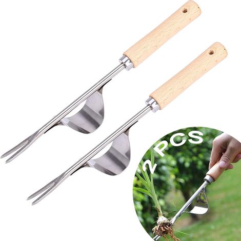 Fourche à désherber manuelle en acier inoxydable, manche en bois, levier courbé, pour racines de pissenlit, 31 x 4,5 cm, lot de 2 (1/5)