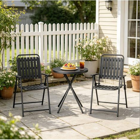 conjunto mesa y sillas jardín plegables de metal y vidrio OKMYHOME (1/5)