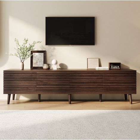 Mueble para TV de 180x40x46 cm, para televisores de hasta 75 pulgadas, con 4 puertas de rejilla, MDF y tablero de partículas, color nogal (1/5)
