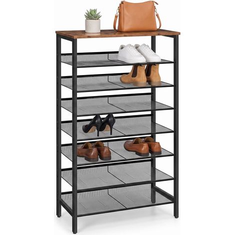 Relaxdays Schuhregal Industrial, 8 Ebenen, HBT: 137x75x30 cm, Schuhständer, Ablage in Holzoptik, Metall, schwarz/braun (1/5)