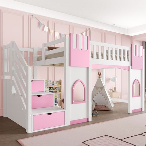 Lit mezzanine en bois MDF blanc et rose 90x200 cm avec escalier de rangement et fenêtres (1/5)