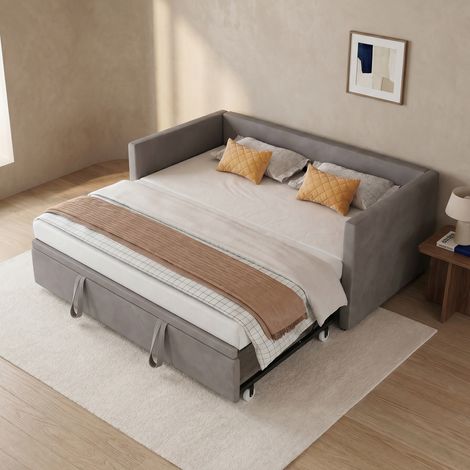 Divano Letto Estraibile 90x200/180x200 cm, Letto Singolo e Matrimoniale 3 in 1, in Velluto, Grigio (1/5)