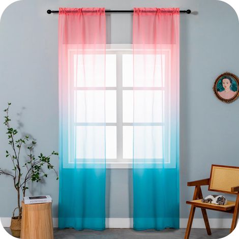 Lot de 2 rideaux en voile semi-transparents, couleur rose et bleu clair, pour salon, chambre, cuisine et intérieur, 2 panneaux avec poche 70 x 258 cm (1/5)