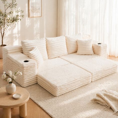Schlafsofa aus Cord mit Seitentaschen Getränkehaltern Beige OKMYHOME (1/5)