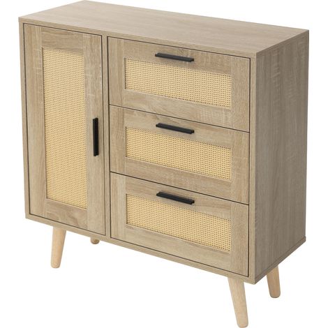 ML-Design Cómoda Rústica de Madera con 1 Puerta y 3 Cajones, 74x76x30 cm Mueble de Diseño Minimalista Aspecto Roble con Detalles en Ratán, Armario con Patas para Salón, Comedor, Dormitorio o Recibidor (1/5)