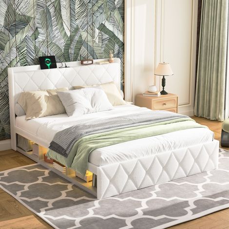 Lit capitonné moderne 140x200 cm blanc en tissu Lammfell-Optik (1/5)