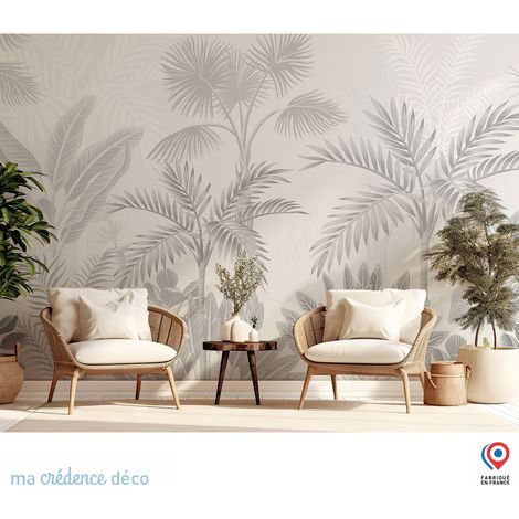 Papier peint : Fresque tropicale et montagnes, Aquarelle - Intissé - L.400 x H.280 cm - Marron clair (1/3)