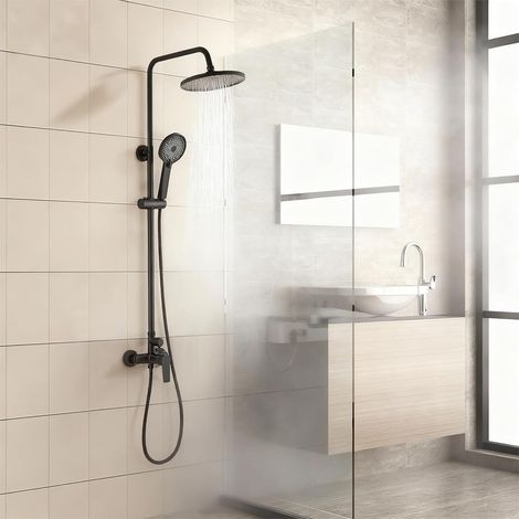 Teeno – Colonne de douche mécanique réglable – Douchette ronde 23 cm avec 3 jets – Inox noir – Installation facile avec accessoires inclus (1/5)
