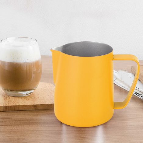 Set bestehend aus 1 Edelstahl-Milchkännchen (350 ml) für Latte Art und Kaffeeschaum, Barista-Becher (7,5 x 9 cm), gelb (1/5)