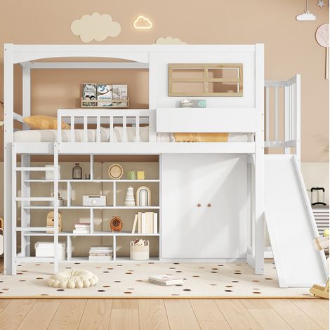 Letto rialzato 90x200 cm con sponda di sicurezza, scivolo, armadio e vano portaoggetti, in pino, senza materasso, bianco (1/5)