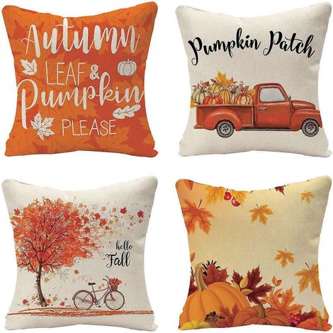 Set mit 4 dekorativen Herbstkissenbezügen – Kürbismuster im Landhausstil, Leinen, 45 x 45 cm, für Sofa, Tagesbett, Zuhause, Garten und Auto (45 x 45 cm). Vielen Dank