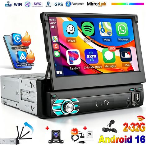 Autoradio 1 DIN 7 pouces avec écran rabattable, Android 16 pouces, compatible CarPlay, GPS, Wi-Fi, RDS, FM et Bluetooth - 2+32G DAB+ MIC 12LED (1/5)