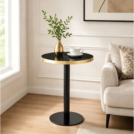 Tavolino rotondo 60x60x74 cm nero, effetto marmo e base in metallo stabile, MEUBLIV (1/5)