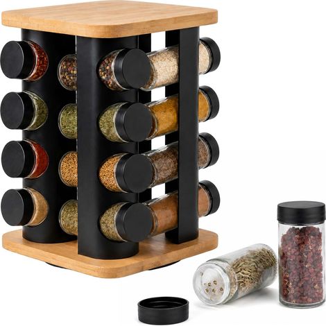 Relaxdays Spice Carousel, 16 jars, 360° rotating, HxWxD 28x18.5x18.5cm, bamboo/stainless steel, natural/black (1/5)