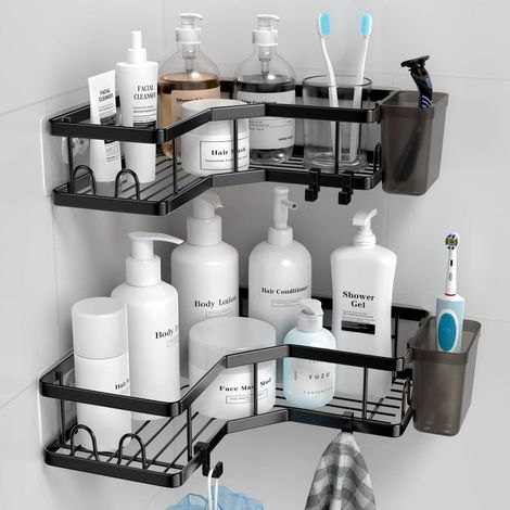 Lot de 2 étagères adhésives pour coin de douche, sans perçage, avec crochets et porte-dentifrice pour salle de bain, dortoir et cuisine (1/5)