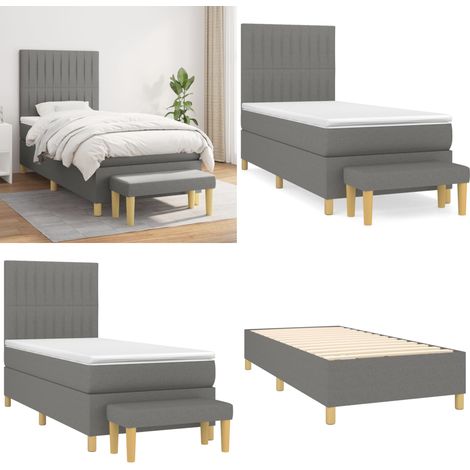 Cama box spring con colchón tela gris oscuro 90x200 cm - Colchón de muelles - Cama con cabecero ajustable