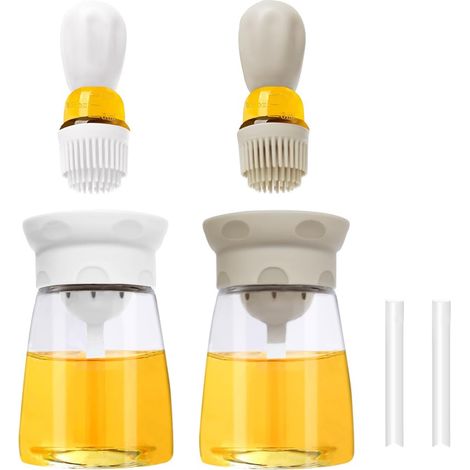 Lot de 2 distributeurs d'huile avec pinceau à pâtisserie, bouteille d'huile d'olive avec pinceau en silicone pour la cuisson, la cuisine, la sauce, le barbecue, le rôtir, blanc (1/5)