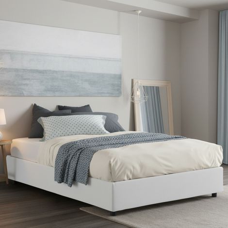 Talamo Italia Letto matrimoniale Maria, Letto contenitore con rivestimento in tessuto, 100% Made in Italy, Apertura frontale, adatto per materasso Cm 160x200, Bianco, con imballo rinforzato (1/5)