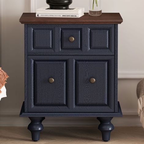 Table de chevet vintage bois massif 2 tiroirs pieds colonnes romaines bleu foncé 52 cm