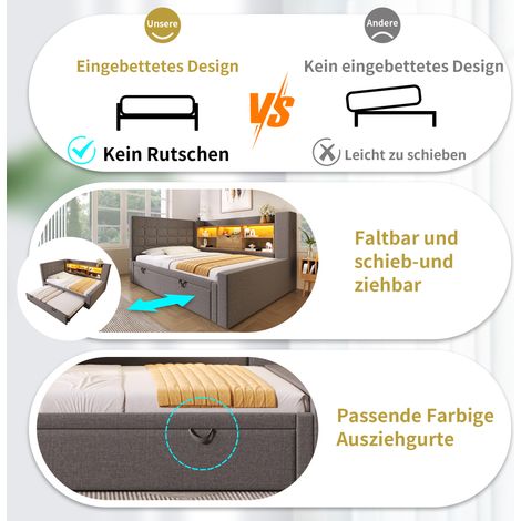 Lit 90x200 cm avec tiroir 90x190, tête de lit en L avec rangement, éclairage LED, structure en lin gris, montage des deux côtés, sommier inclus, sans matelas. (1/5)