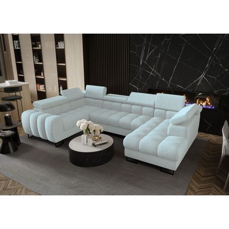 Wohnlandschaft Schlafsofa BASTIEN in Stoff Aragon Sky Ottomane Rechts