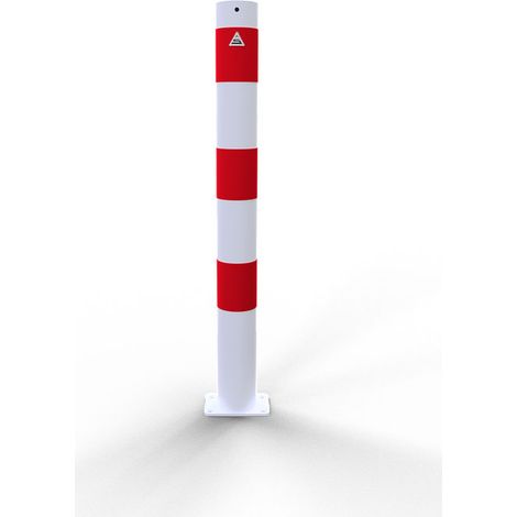 Schake Absperrpfosten ortsfest zum Einbetonieren mit Erdanker aus Stahlrohr verzinkt Ø89x2,5mm weiß mit rot reflektierenden Leuchtstreifen und Stahlkappe 900mm Überflur