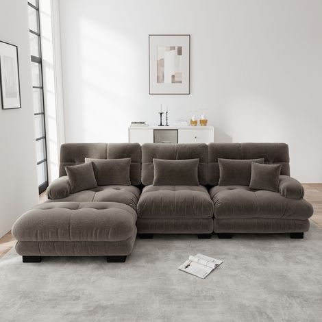 Sofá modular 313x145x81 cm marrón en chenilla con otomana móvil y asiento profundo (1/5)