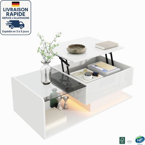 MODFU - Mesa de centro elevable con LED y espacio de almacenamiento, tablero de cristal, mesa auxiliar para sofá, 100×50×33 cm, color blanco (1/5)