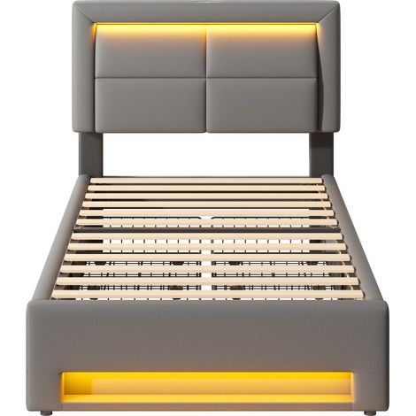 Lit rembourré 90x190 cm, avec port USB (compatible avec la charge sans fil et filaire), avec éclairage LED et quatre tiroirs, sans matelas, motif litchi en PU, gris (1/5)