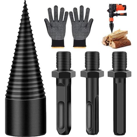 Firewood splitter, Wood splitter drill bit with 3 handles (square/round/hexagon), in step wood cutting drill, electric splitter (32), 1 unit (1/5)