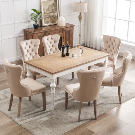 6 sedie da pranzo, sedie da soggiorno e cucina con schienale singolo, sedia imbottita con finiture a chiodi, gambe in legno massello, rivestimento in velluto, beige
