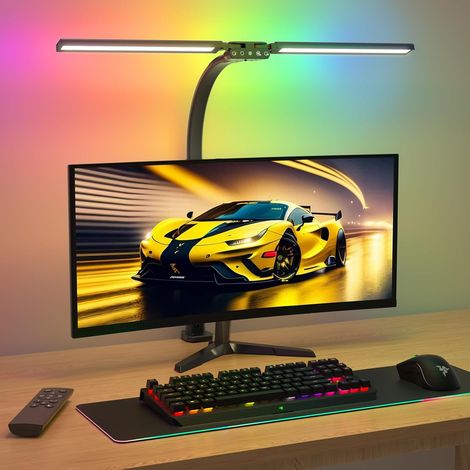 Lampe de Bureau LED RVB à Double Tête, 22W 80cm Lampe de Table à Clipser avec Télécommande, 5 Températures de Couleur&Luminosité Lanterne de Lecture Rotative pour Design,Lecture,Ecran