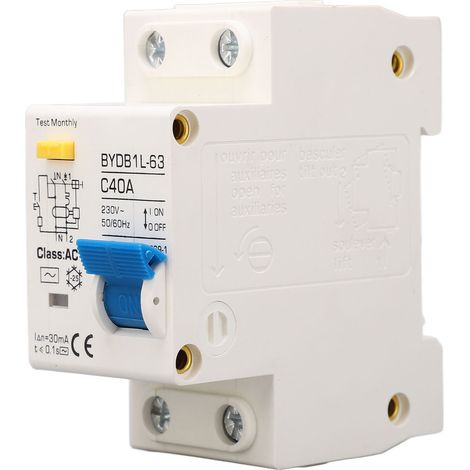 Disjoncteur unipolaire 40A avec protection contre les fuites de courant et surcharge, ignifuge, pour rail DIN 230V AC (1/5)