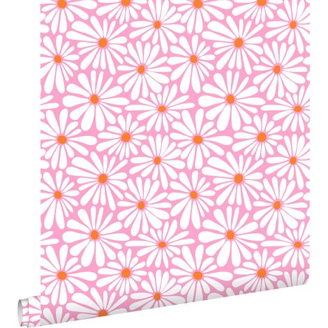 papier peint marguerites rose, blanc et orange  - ESTAhome