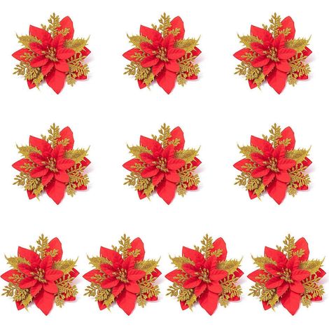10 künstliche Weihnachtssterne (14 cm) mit Glitzer, ideal für Hochzeiten, Partys und Kränze, in Gold und Rot (1/5)