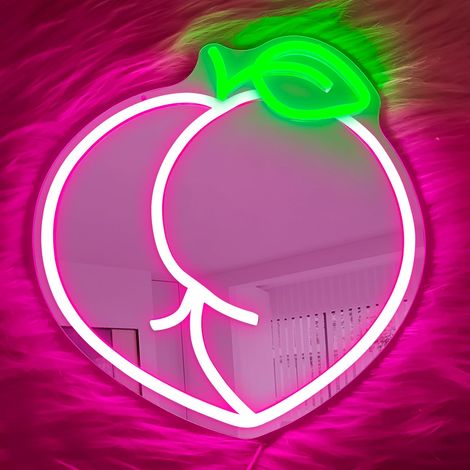 Enseigne néon miroir en forme de pêche — Miroir mural LED rose à intensité variable, idéal pour la décoration de chambre et de salle de bain un cadeau raffiné pour les chambres de filles (1/5)