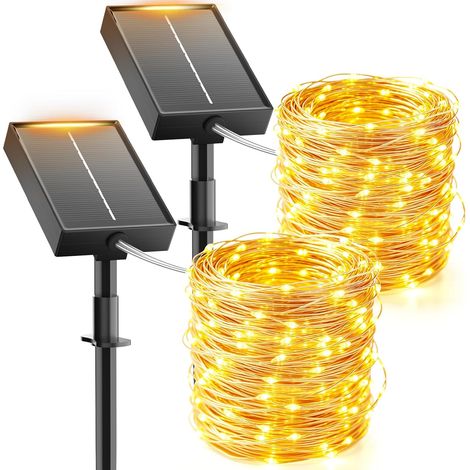 Lot de 2 Guirlande Solaire Exterieur, 12+2M 100 LED Guirlande Lumineuse Solaire Extérieur, 8 Mode Étanche IP65 Blanc Chaud Guirlande Décorative pour Jardin, Terrasse, Cour, Noël, Mariage (1/5)