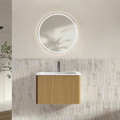 Ensemble de meubles de salle de bain avec miroir, meuble vasque de 60 cm avec armoire basse, armoire de salle de bain murale, pré-assemblé, armoire rayée avec un tiroir, finition chêne, miroir rond LE (1/5)