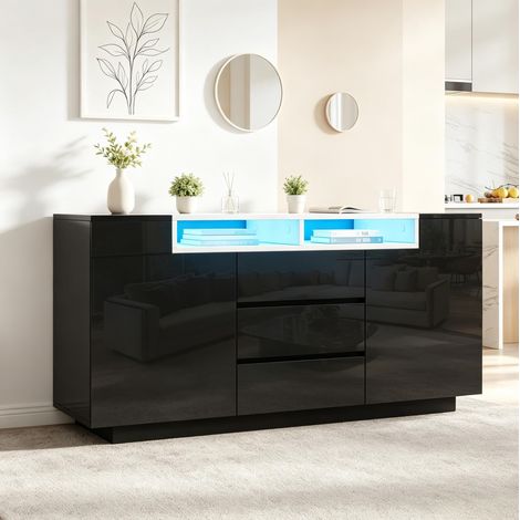 Credenza da soggiorno 140x40x68 cm con illuminazione a LED, 2 ante, 3 cassetti e vani semiaperti, nero lucido (1/5)