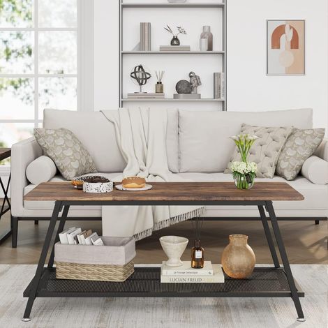 Table Basse rectangulaire en Bois, L-100cm, Bois de qualité avec Rangement,Bout de canapé, Table à café avec Cadre en Acier et étagère, 100 x 50 x 48 cm (Couleur rétro Marron) (1/5)