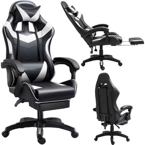 LEAN Drehbarer Büro-Gaming-Stuhl mit Fußstütze und Kissen, Schwarz und Weiß (1/5)