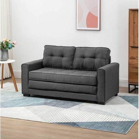Sofá cama convertible de 2 plazas, efecto lino, madera, gris, 147,5 x 75 x 85 cm (1/5)