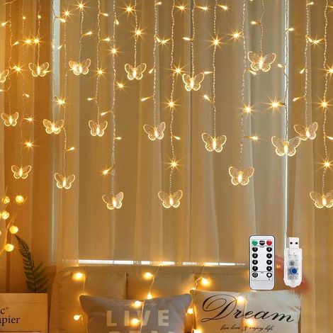 Rideau lumineux LED papillon - 8 modes - Convient pour la maison (Papillon - Blanc chaud) (1/5)