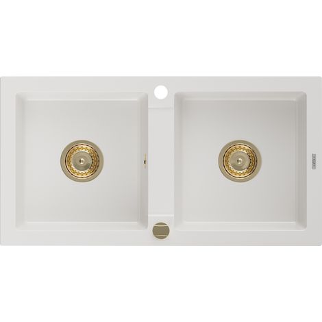 Mexen Mario évier en granit à 2 cuves 820 x 436 mm, Blanc, siphon Or - 6504822000-20-G (1/5)