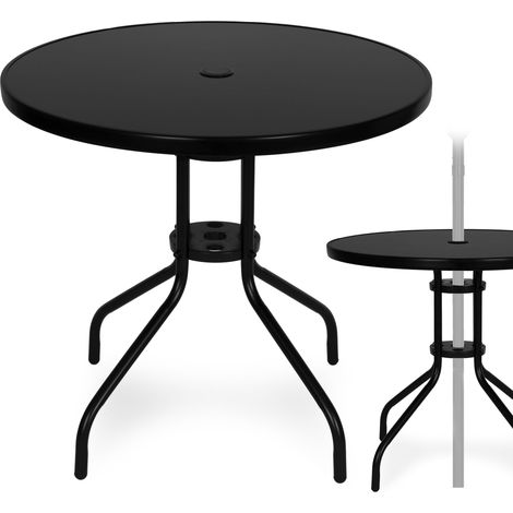 Tavolo rotondo da giardino, 80 cm, in vetro temperato, con foro per ombrellone.