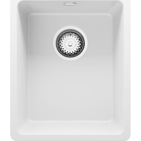 PRIMAGRAN Evier Cuisine en Granit 36x44cm, Lavabo 1 bac + Kit de Vidage, Évier à Encastrer au meuble 40cm - Venise Slim Easy, Blanc (1/5)