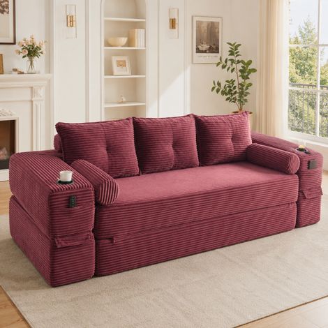 Divano letto 3 posti in corduroy bordeaux, con cuscini memory, tasche e portabicchiere (1/5)